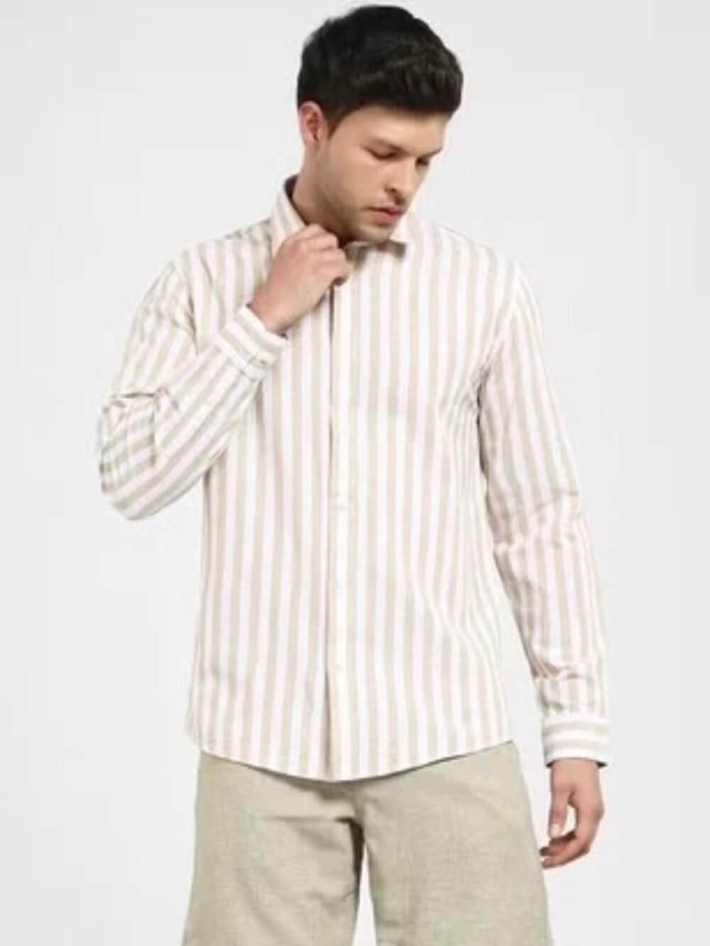 Selected Homme Beige & White Vertical Stripe Long Sleeve Button Up Shirt